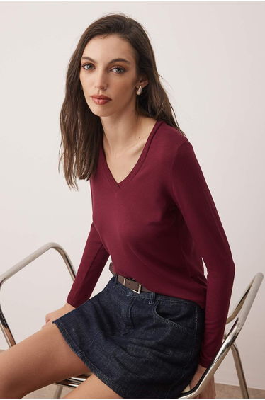 Burgundy Premium Soft Fabric V-Neck Fitted/Flexible Knitted Blouse