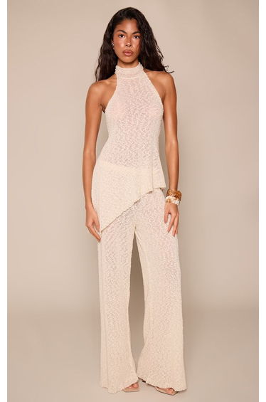Beige Bobble Yarn Drawstring Wide Leg Trousers