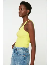 Yellow Fitted/Simple Pool Collar Corduroy Knitted Singlets, . - 1