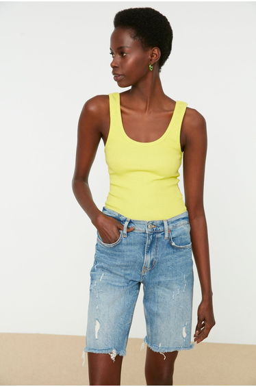 Yellow Fitted/Simple Pool Collar Corduroy Knitted Singlets, .