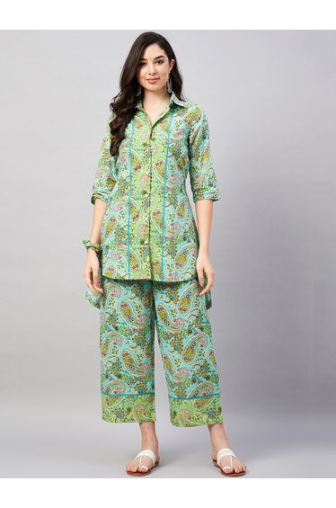 Women Paisley Print Hi-Low Shirt and Pants Co-ords
