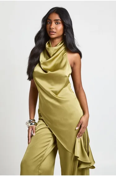 Satin Cowl Neck Asym Hem Top - olive