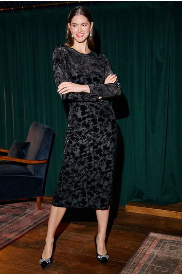 Yumi Black Burnout Velvet Midi Dress