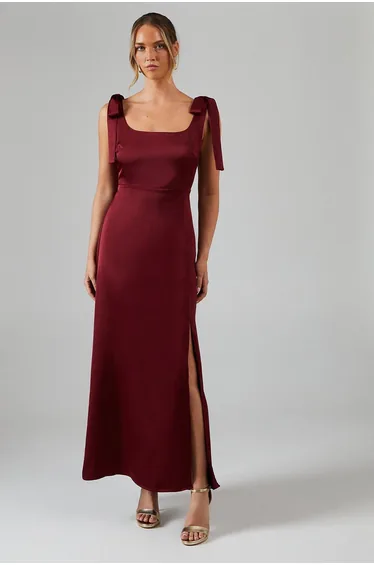 Satin Tie Shoulder Midi Bridesmaids Dress