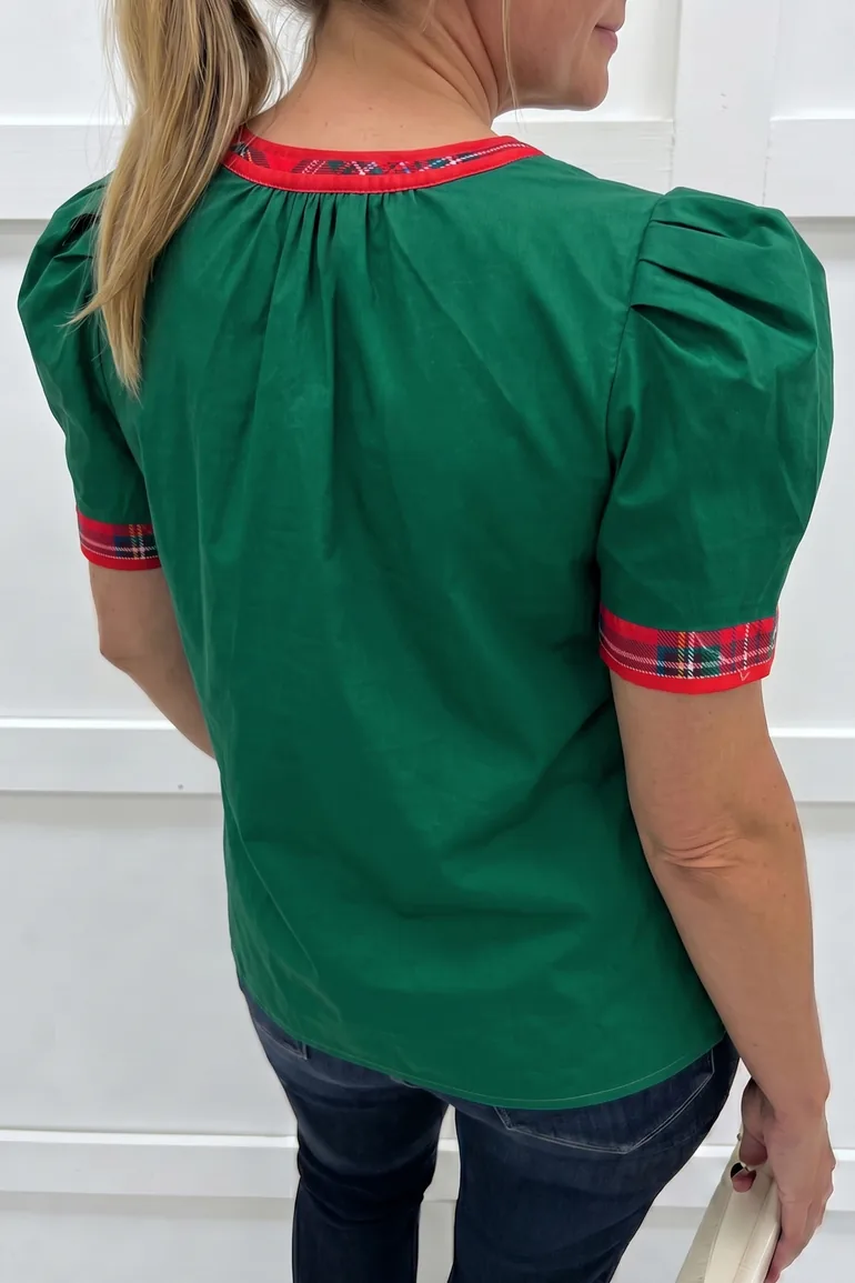 Lvness Plaid Trim V Neck Short Sleeve Shift Blouse - 3