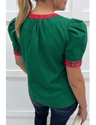 Lvness Plaid Trim V Neck Short Sleeve Shift Blouse - 3