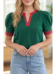 Lvness Plaid Trim V Neck Short Sleeve Shift Blouse - 1