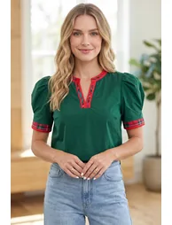 Lvness Plaid Trim V Neck Short Sleeve Shift Blouse