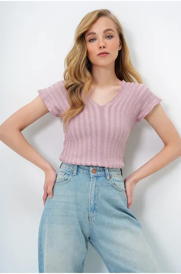 Women's Powder Front Back V-Neck Openwork Summer Knitwear Blouse