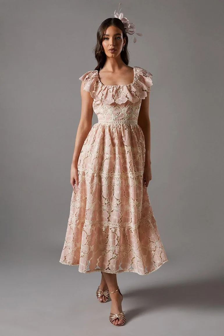 bardot lace midi crochet dress Adoni Crochet Midi Dress