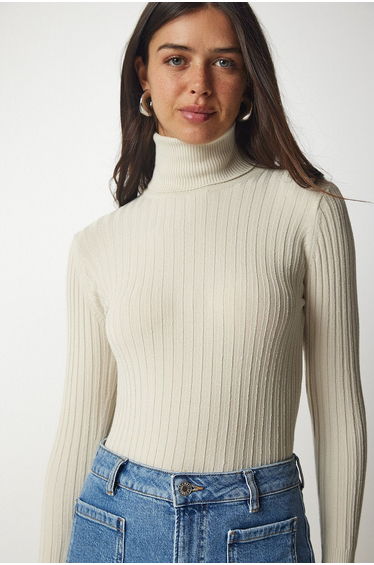 Women's Beige Turtleneck Corduroy Basic Sweater