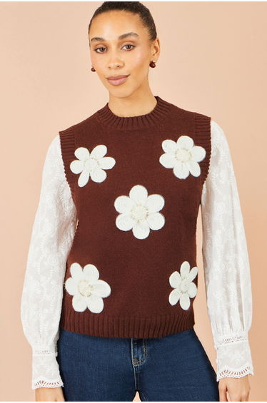 Yumi Brown Flower Applique Knit Tank
