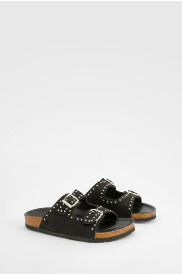Wide Fit Studded Double Buckle Footbed Sliders - black