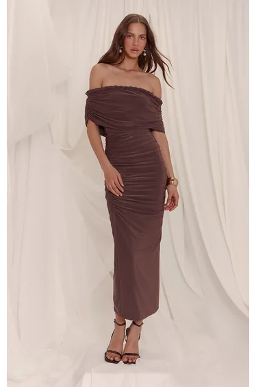Chocolate Brown Slinky Plait Bandeau Midaxi Dress