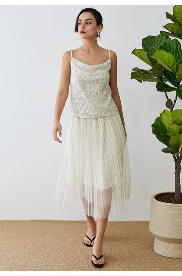 Contrast Lines Pleated Mesh Tulle Midi Skirt in Cream