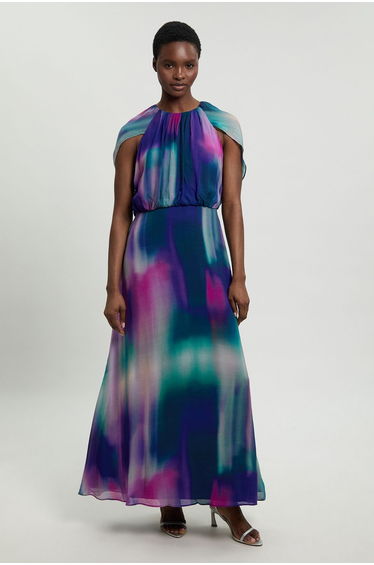 Crinkle Georgette Cape Blur Print Woven Maxi Dress