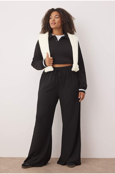Black High Waist Wide Leg Knitted Plus Size Trousers