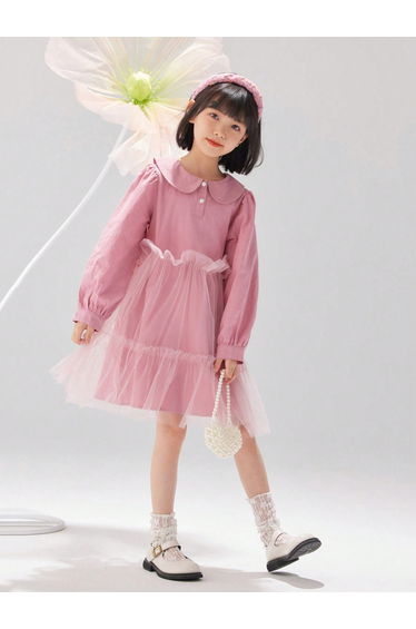 Girls Pink Peter Pan Collar Mesh Insert Dress