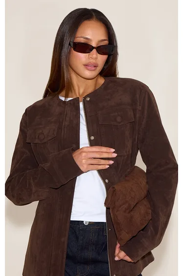 Tall Chocolate Faux Suede Covered Button Cinch Waist Jacket