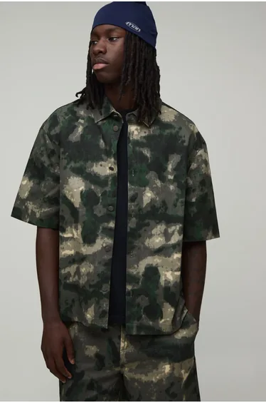 Oversized Half Sleeve Washed Camo Co-ord Shirt - khaki