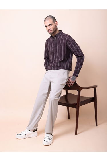 Men Cream Double-Pleated Straight Fit Trousers