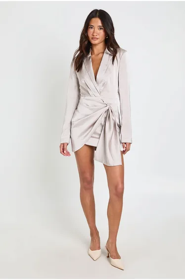 Tailored Wrap Front Structured Blazer Dress - champagne