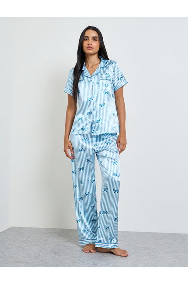 Blue Bow Print Striped Shirt and Pyjama Set