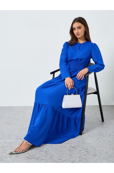 Women Blue Long Sleeves A-Line Midi Dress