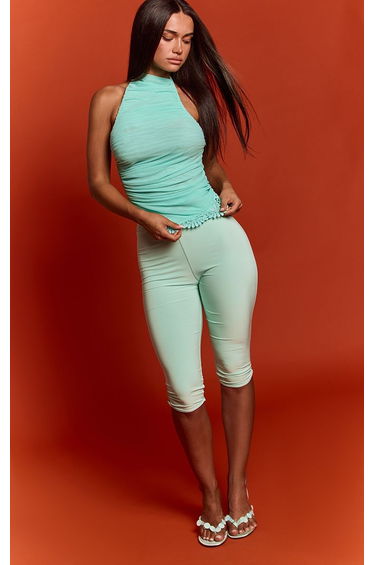 Aqua Mesh Ruched High Neck Top