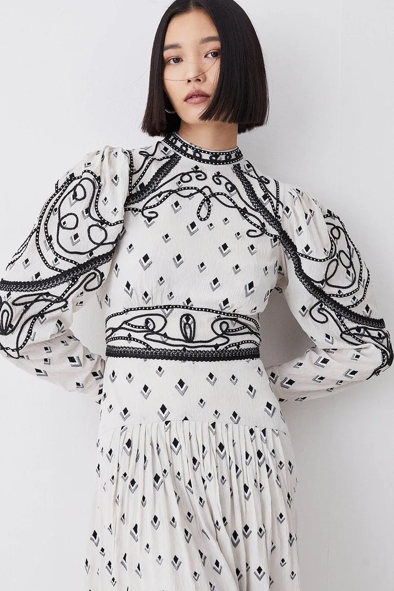 embroidered cornelli tape woven dress Shop Embroidered Cornelli Tape Woven Dress Online in Saudi Arabia