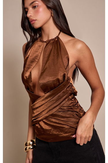 Chocolate Crinkle Satin Wrap Corset Top