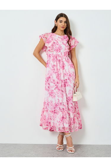 Women Pink Floral Print Ruffled Sleeves Maxi Dress