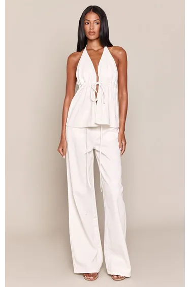 Tall White Halterneck Ruched Front Tie Back Denim Top