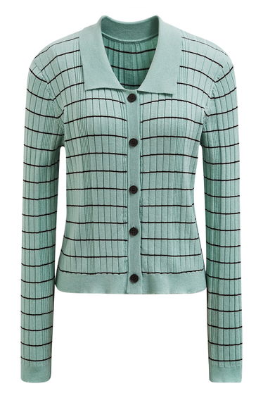Turn-Down Collar Striped Knit Cardigan in Green
