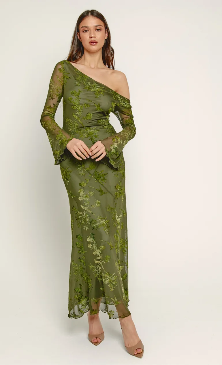 Olive Fallen Shoulder Burnout Maxi Dress Rare London Green : Evening Dresses  : VogaCloset Bahrain
