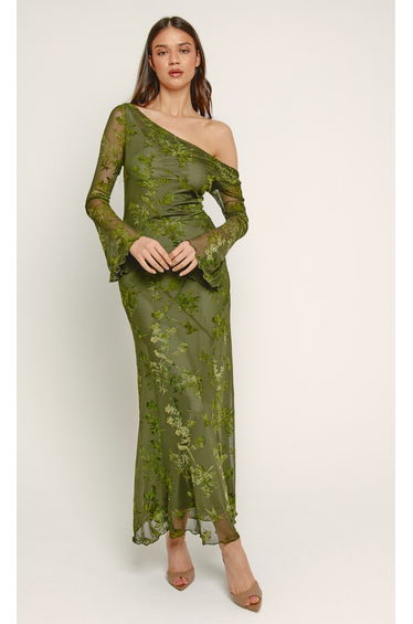 Olive Fallen Shoulder Burnout Maxi Dress