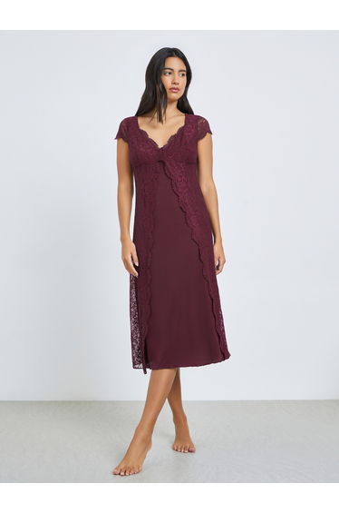 Burgundy Lace Trim V Neck Side Slit Nightdress