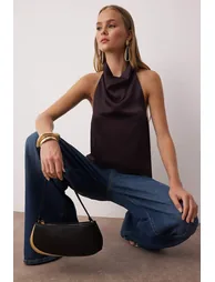 Dark Brown Plain Halter Neck Sleeveless Woven Satin Party Blouse - 1