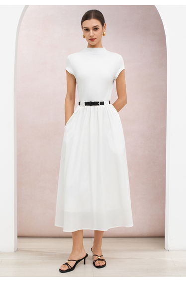 Mock Neck Side Pockets Belted Maxi Dress in White for City Sightseeing & Cafe Hopping
