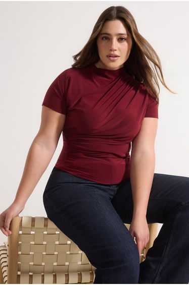 Burgundy Mock Neck Shirred Sandy Knitted Plus Size Blouse