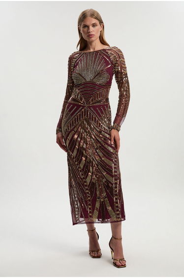 Petite Premium Mirrored Crystal Embellished Woven Long Sleeve Column Dress