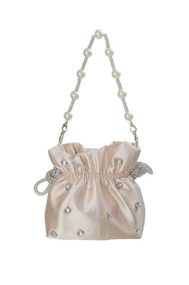 Rhinestone Decor Drawstring Shoulder Bag in Apricot