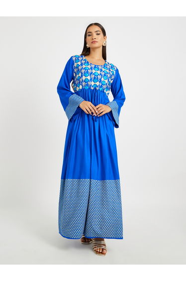Blue Geometric Print Embroidered Yoke Jalabiya