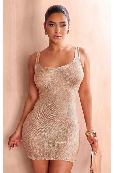 Shape Gold Sequin Knit Strappy Bodycon Dress