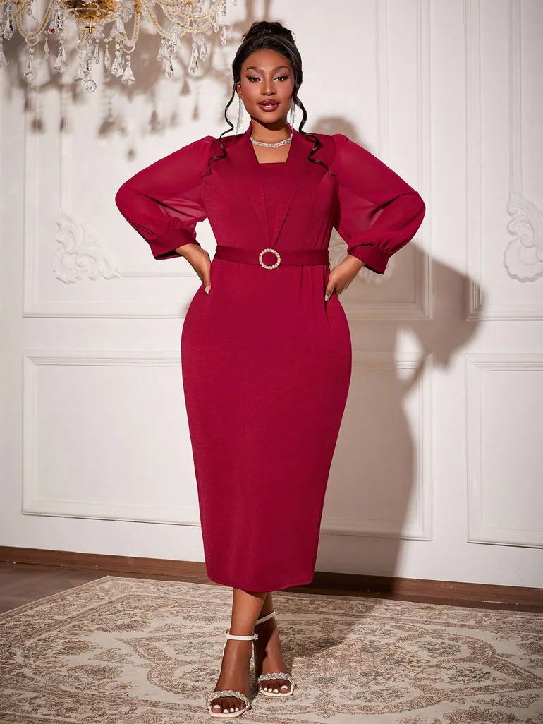 Leely Plus Women's Elegant Collar Long Sleeve Party Dresses
