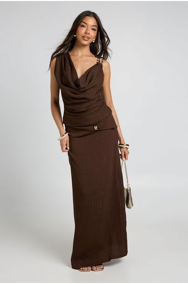 Gold Trim Textured Cowl Neck Top - chocolate