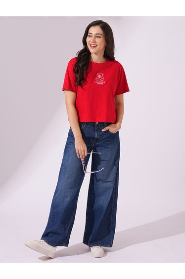 Red Bear Embroidered Boxy Crop T-Shirt
