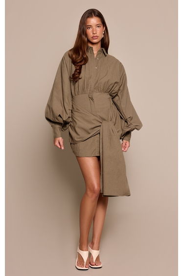 Khaki Linen Look Tie Waist Shirt Dress