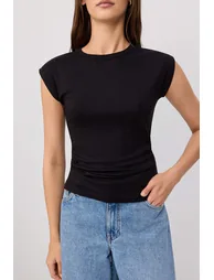 Black-Ecru Fitted/Bodycon Moon Sleeve Short Sleeve Soft Knitted Blouse - 5