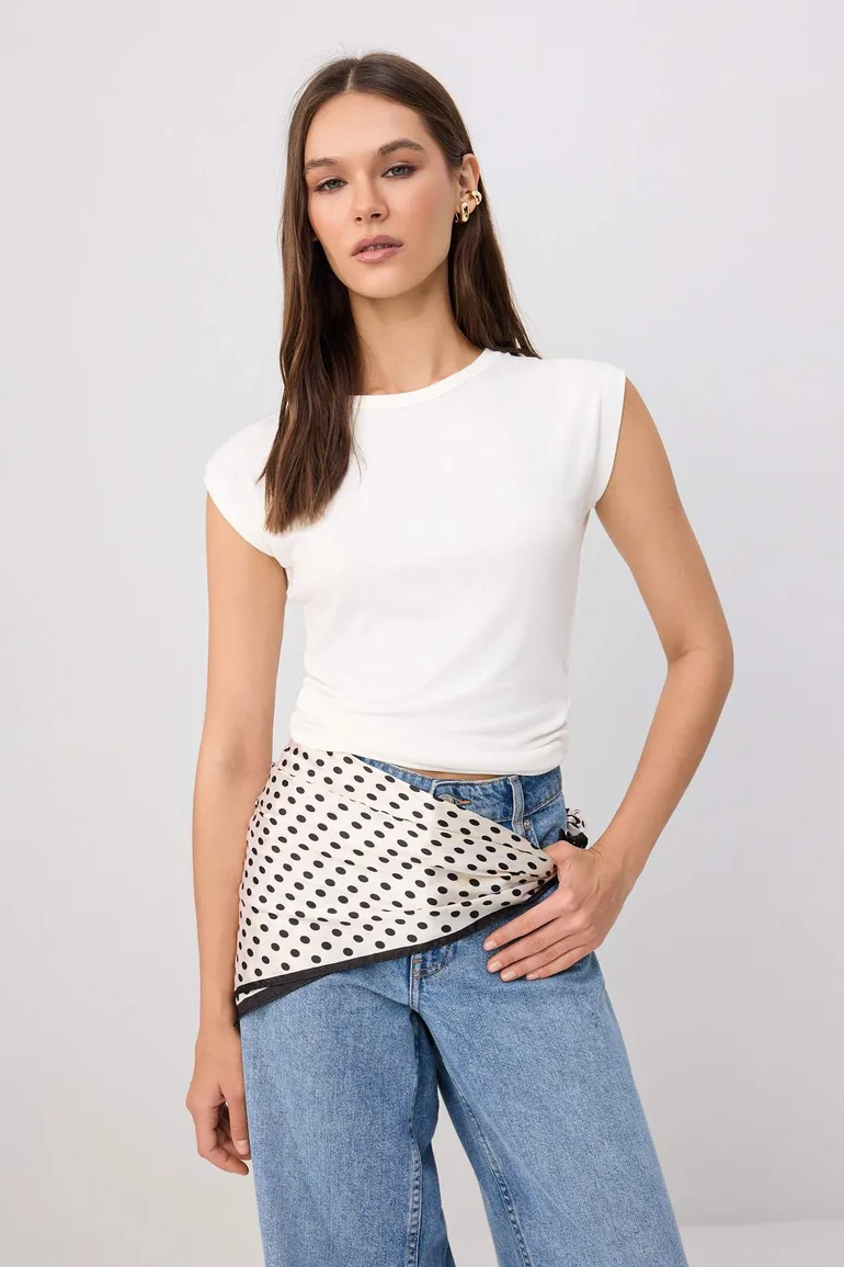Black-Ecru Fitted/Bodycon Moon Sleeve Short Sleeve Soft Knitted Blouse